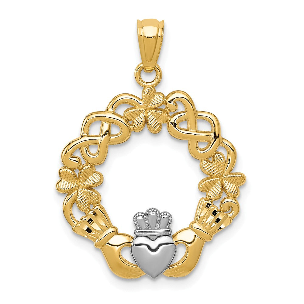 14k Yellow Gold and White Rhodium Irish Claddagh Pendant, 20mm, Item P10515 by The Black Bow Jewelry Co.