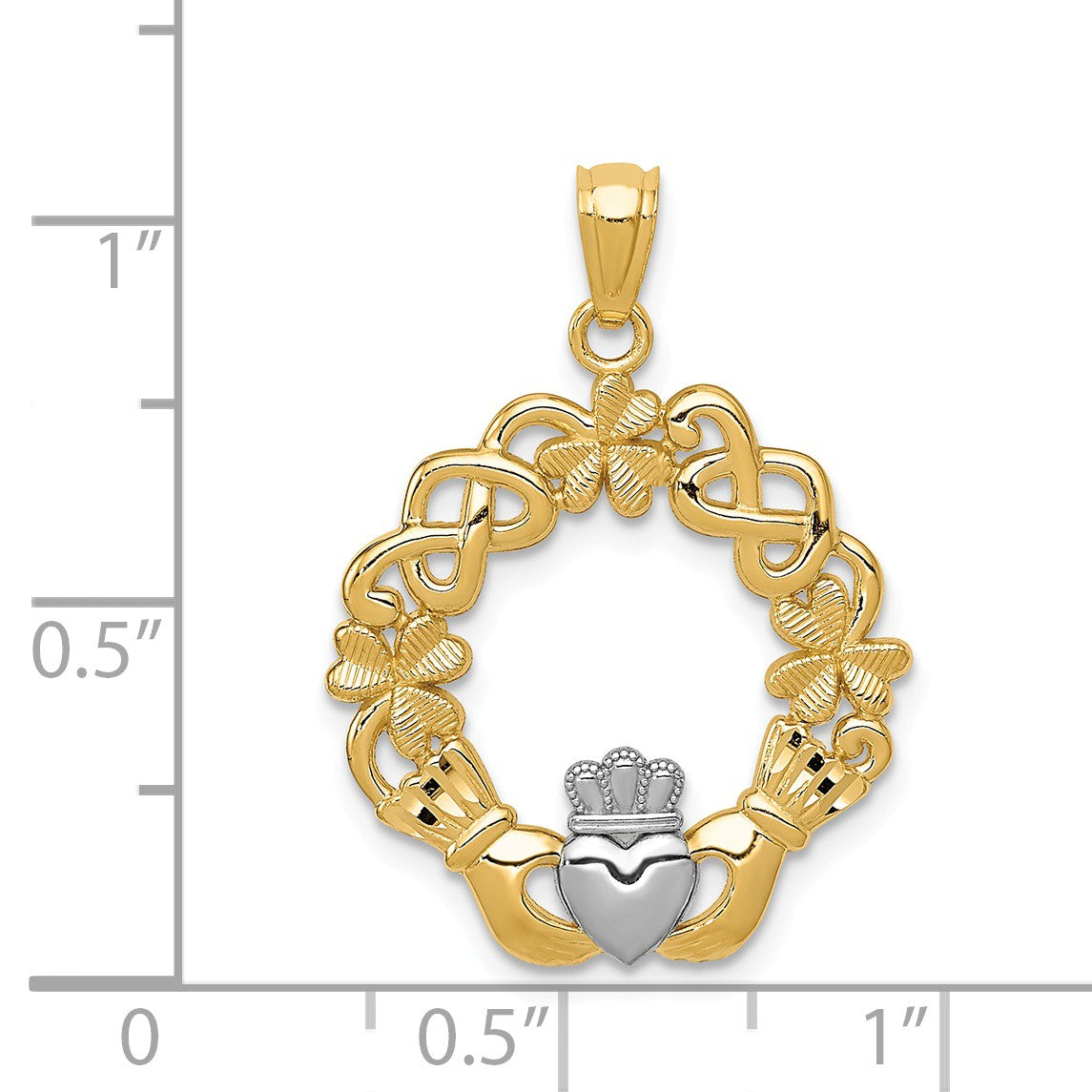 Alternate view of the 14k Yellow Gold and White Rhodium Irish Claddagh Pendant, 20mm by The Black Bow Jewelry Co.