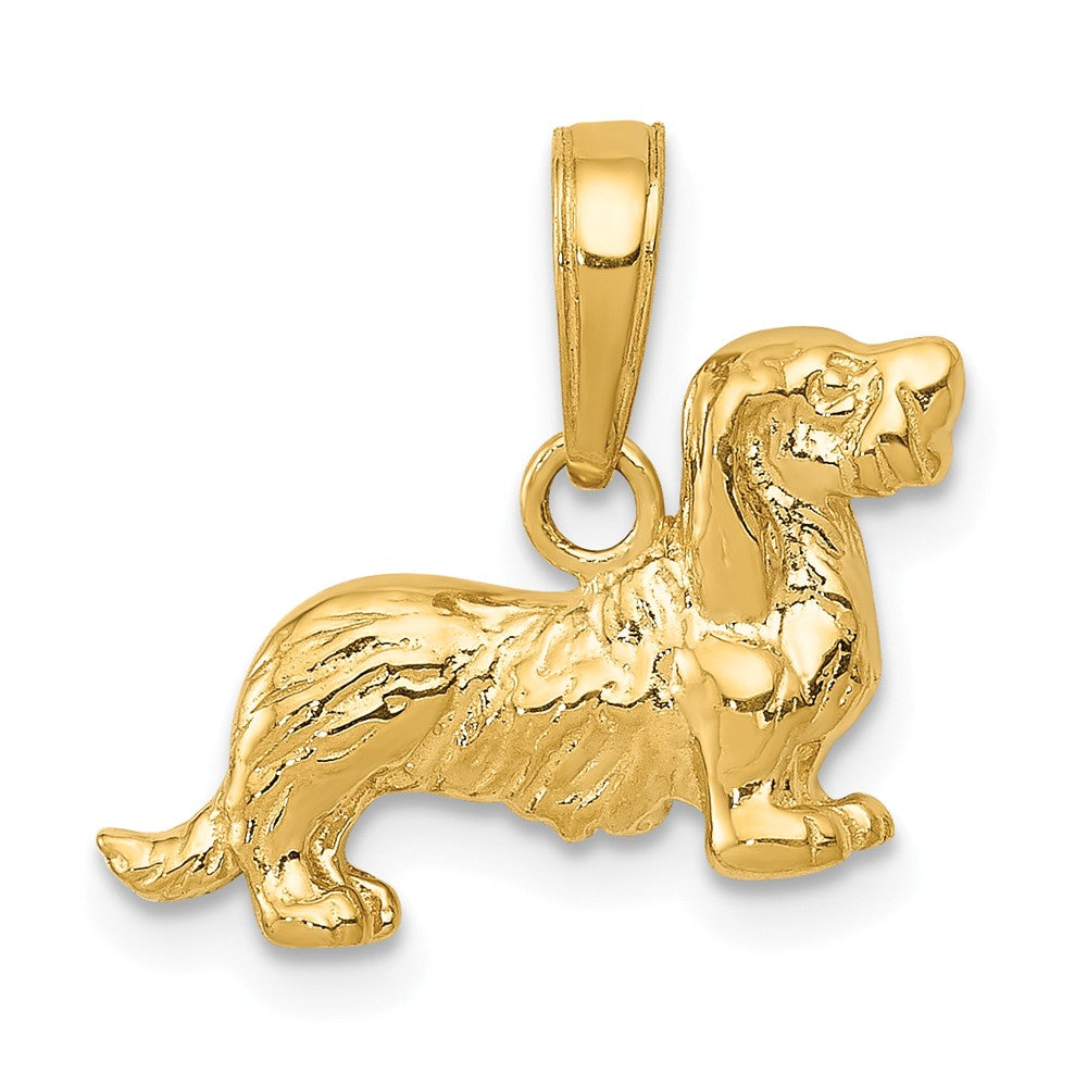 14k Yellow Gold Small Long Haired Dachshund Pendant, Item P10536 by The Black Bow Jewelry Co.