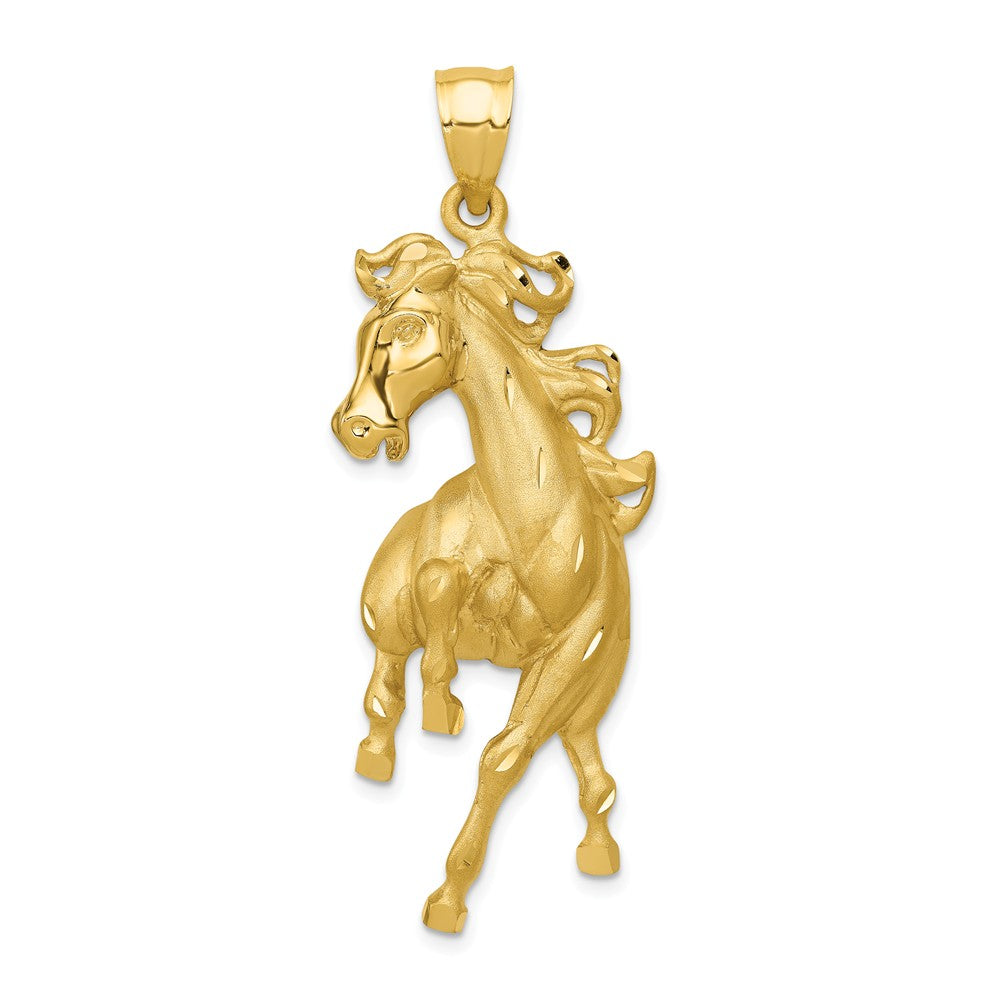 14k Yellow Gold Large Polished and Satin Galloping Horse Pendant, Item P10575 by The Black Bow Jewelry Co.