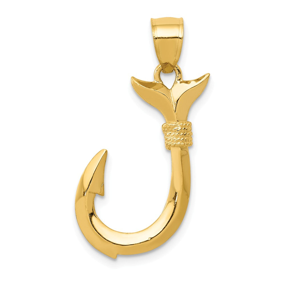 14k Yellow Gold 3D Whale Tail Fishhook Pendant, Item P10598 by The Black Bow Jewelry Co.