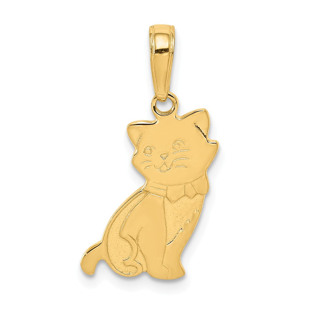 14k Yellow Gold Flat Sitting Kitten with Bow Tie Pendant, Item P10616 by The Black Bow Jewelry Co.