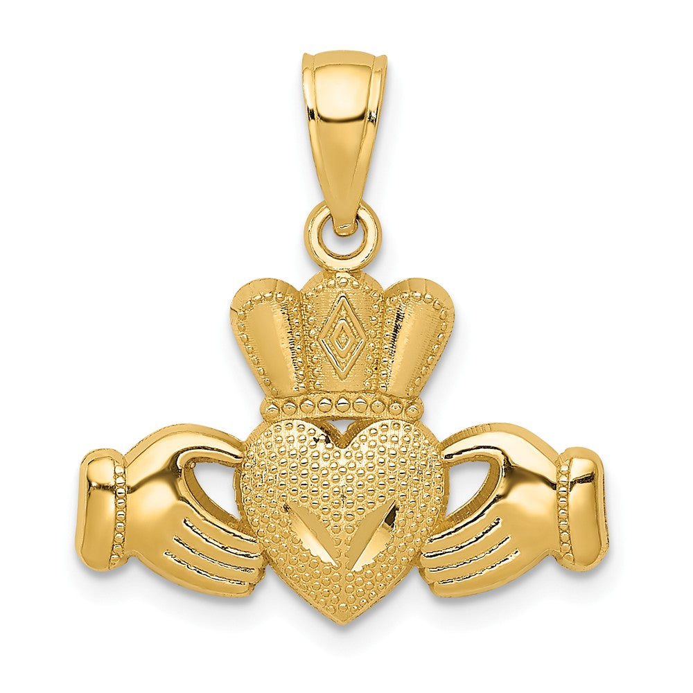 14k Yellow Gold Polished &amp; Textured Claddagh Pendant, Item P10617 by The Black Bow Jewelry Co.