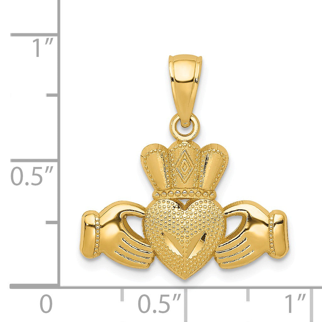 Alternate view of the 14k Yellow Gold Polished &amp; Textured Claddagh Pendant by The Black Bow Jewelry Co.