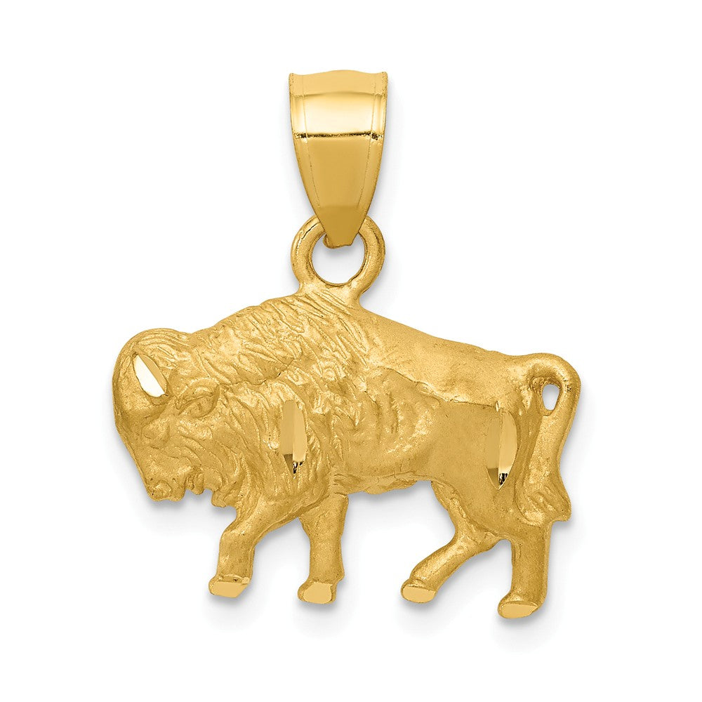 14k Yellow Gold Satin and Diamond Cut Buffalo Pendant, Item P10653 by The Black Bow Jewelry Co.