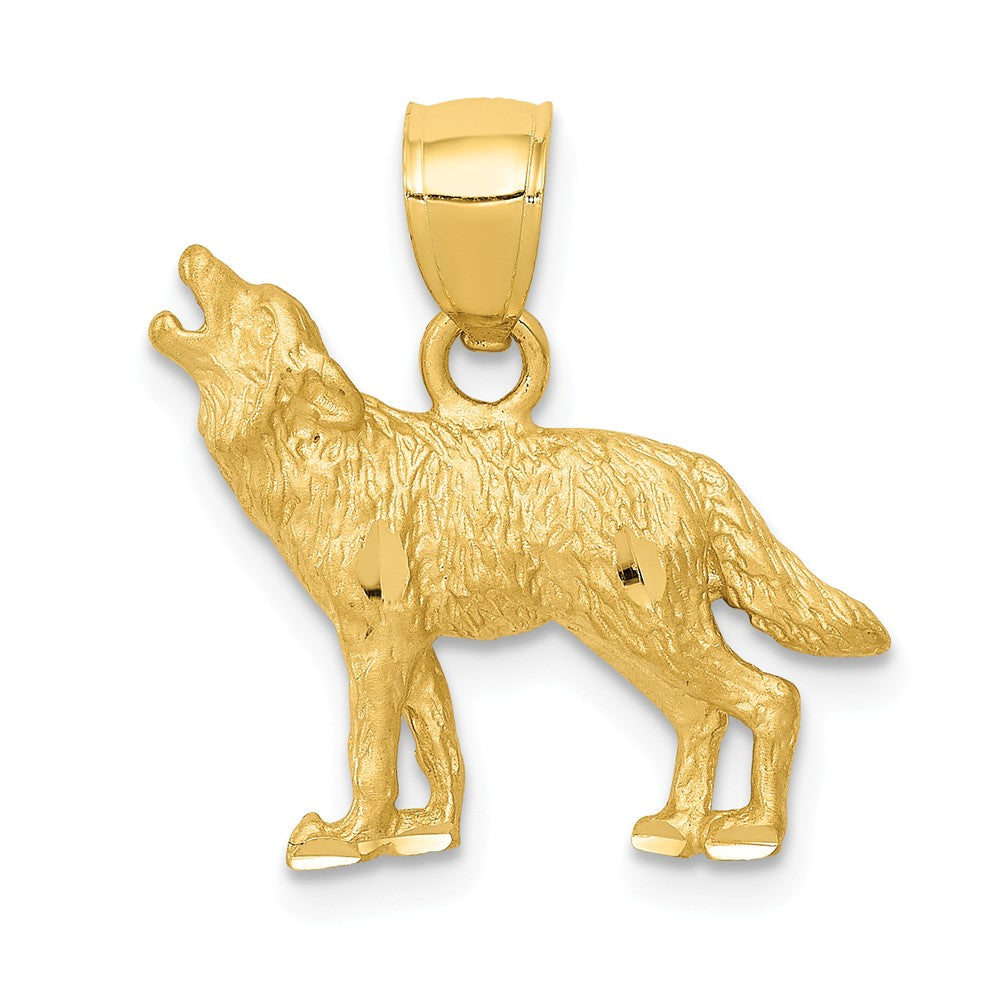 14k Yellow Gold Satin and Diamond Cut Howling Wolf Pendant, Item P10655 by The Black Bow Jewelry Co.