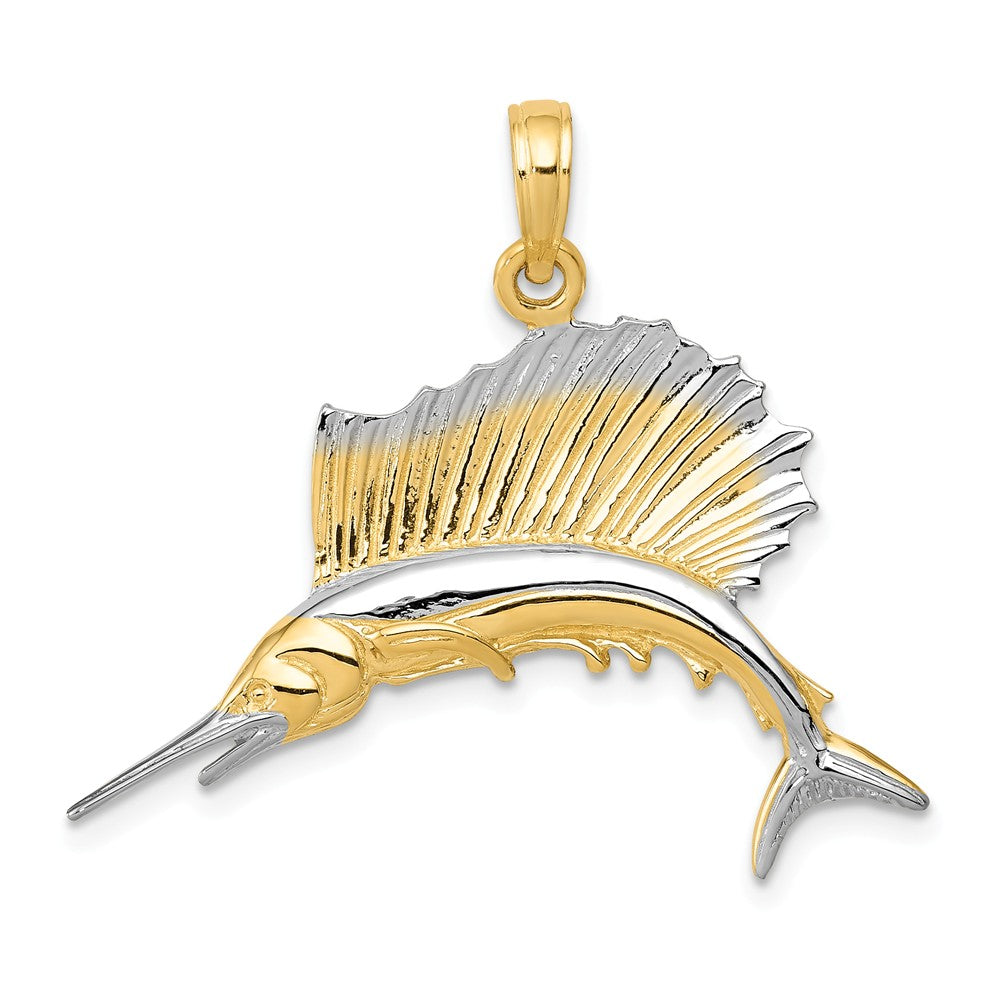 14k Yellow Gold and White Rhodium Two Tone Polished Sailfish Pendant, Item P10696 by The Black Bow Jewelry Co.