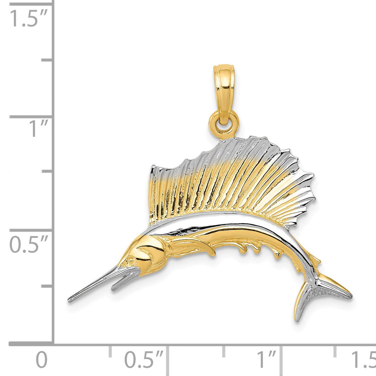 Alternate view of the 14k Yellow Gold and White Rhodium Two Tone Polished Sailfish Pendant by The Black Bow Jewelry Co.
