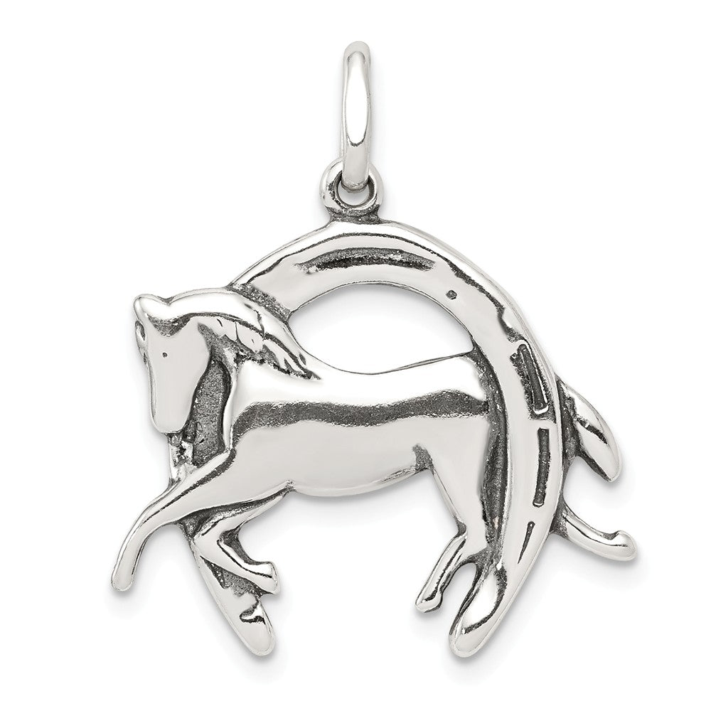 Sterling Silver Antiqued 3D Horse and Horseshoe Pendant, Item P10779 by The Black Bow Jewelry Co.
