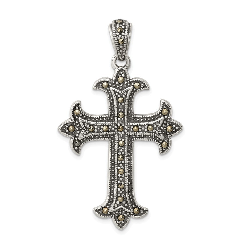 Sterling Silver and Marcasite Antiqued Fleur de Lis Cross Pendant, Item P10814 by The Black Bow Jewelry Co.