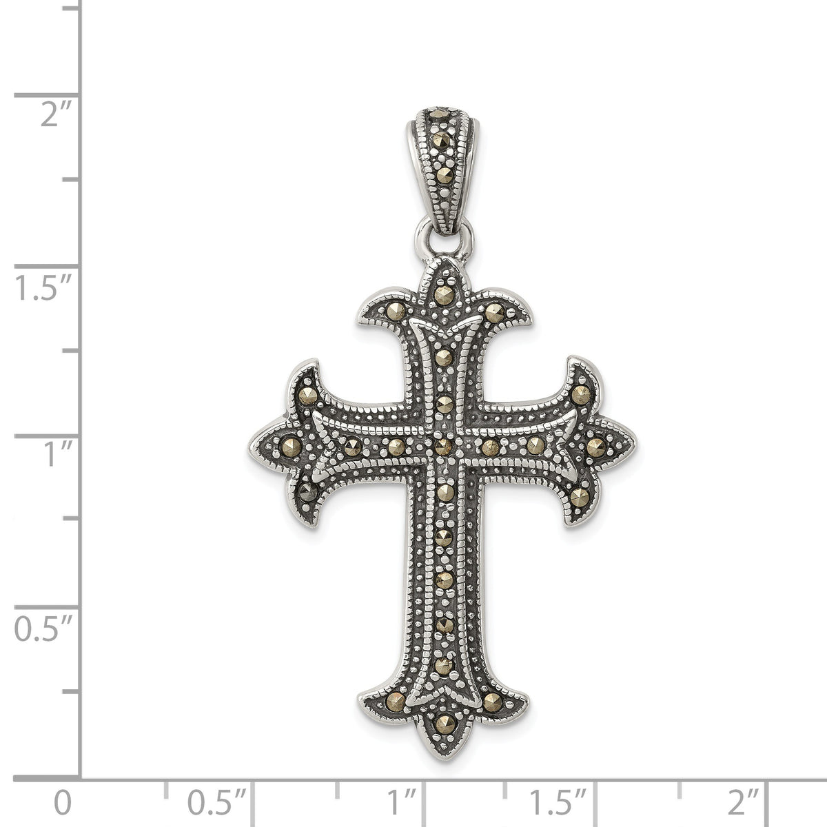 Alternate view of the Sterling Silver and Marcasite Antiqued Fleur de Lis Cross Pendant by The Black Bow Jewelry Co.