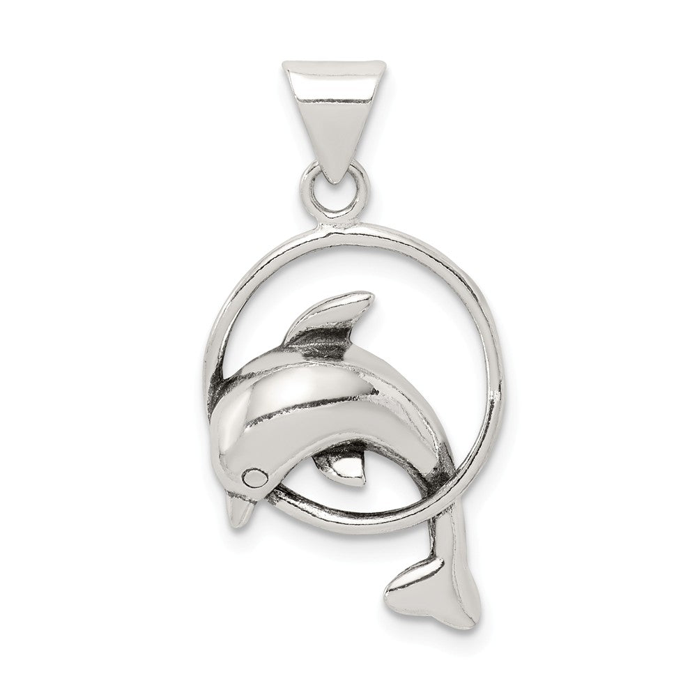 Sterling Silver Antiqued Dolphin and Hoop Pendant, Item P10822 by The Black Bow Jewelry Co.