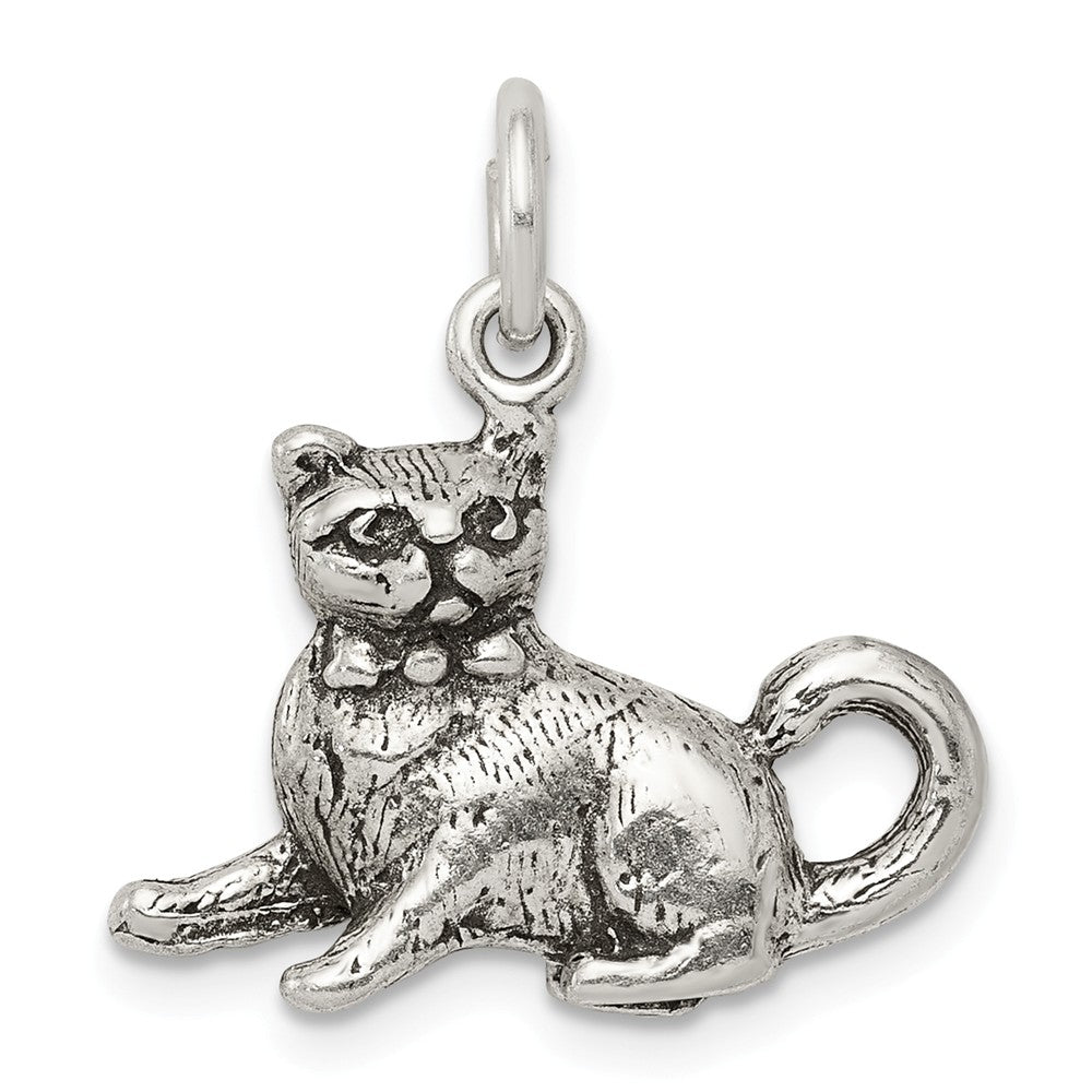 Sterling Silver 3D Antiqued Cat Charm or Pendant, Item P10850 by The Black Bow Jewelry Co.