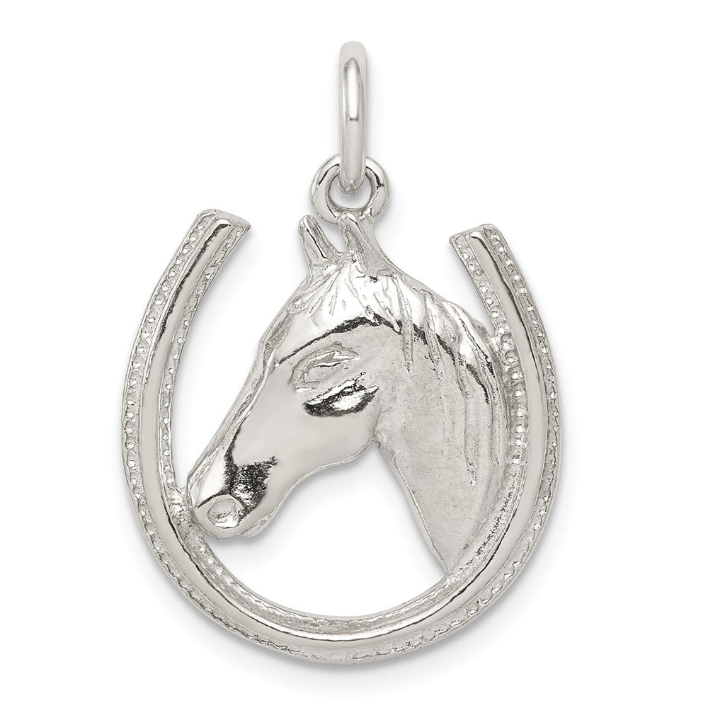 Sterling Silver Polished Horseshoe and Horse Head Pendant, Item P10854 by The Black Bow Jewelry Co.