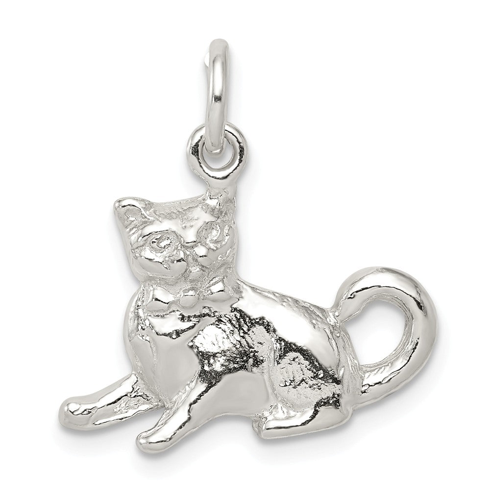 Sterling Silver 3D Polished Cat Charm or Pendant, Item P10855 by The Black Bow Jewelry Co.