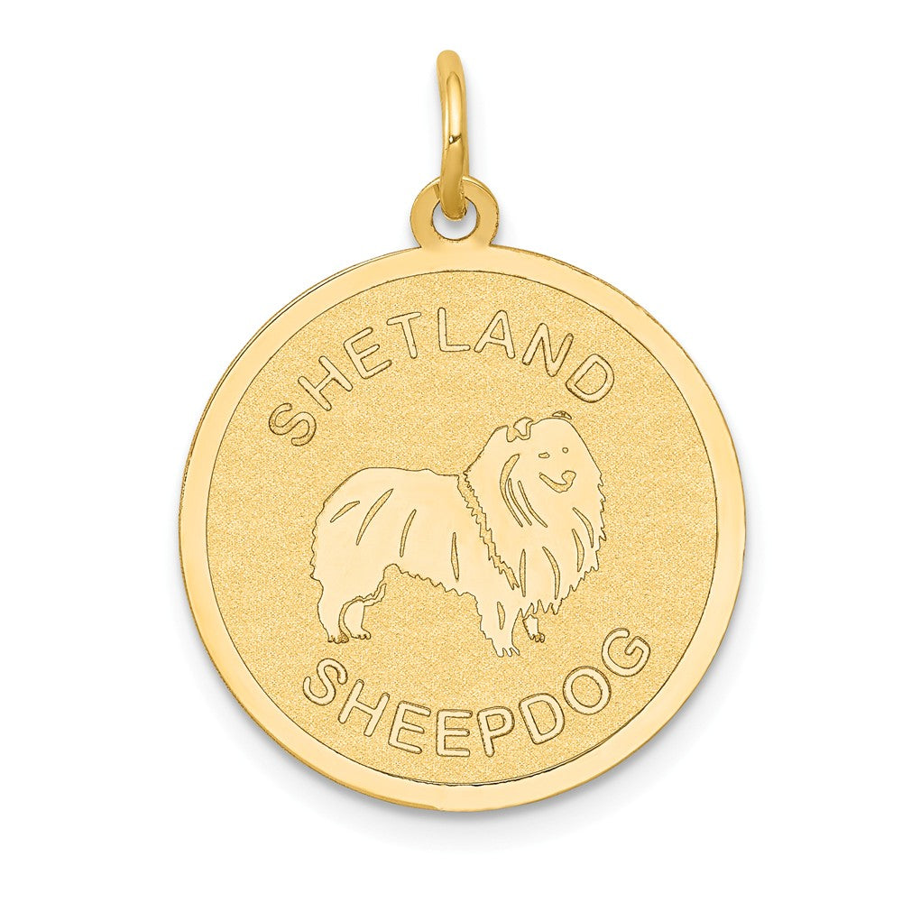 14k Yellow Gold Laser Etched Shetland Sheepdog Disc Pendant, 19mm, Item P10870 by The Black Bow Jewelry Co.