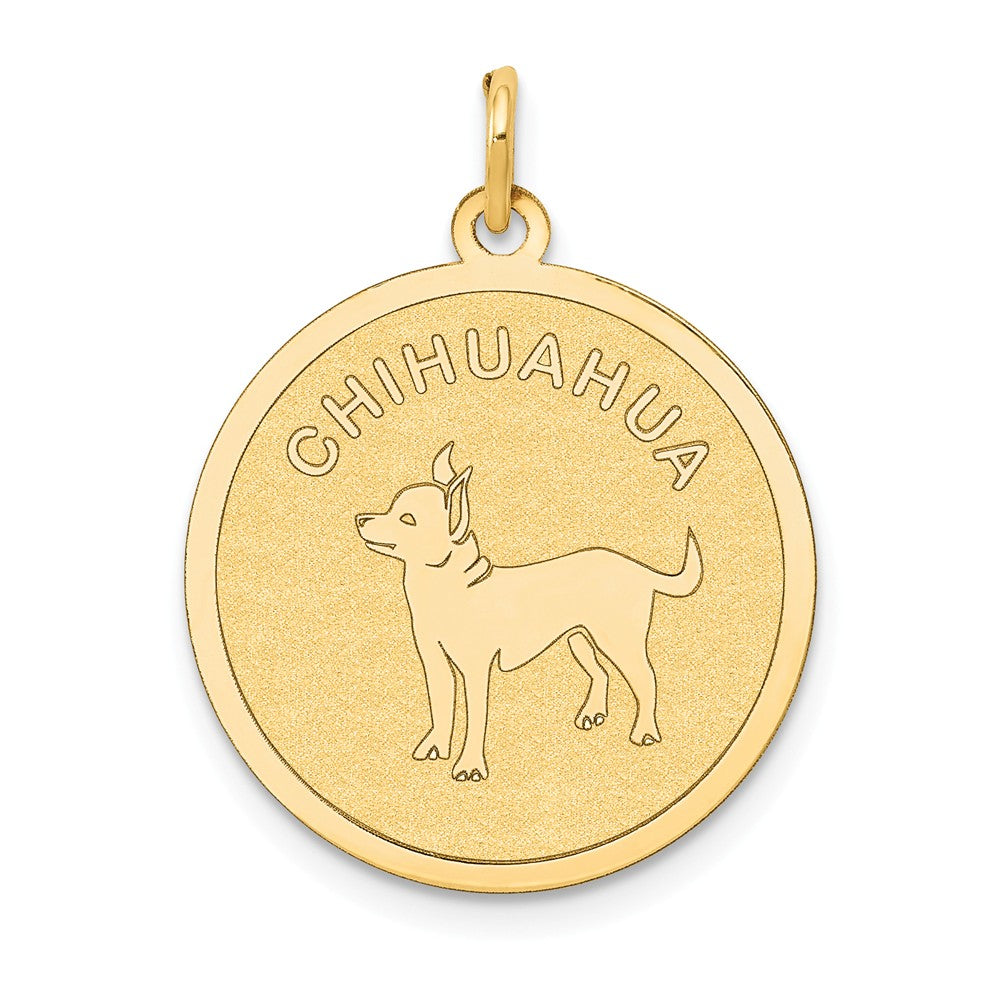 14k Yellow Gold Laser Etched Chihuahua Disc Pendant, 19mm, Item P10872 by The Black Bow Jewelry Co.