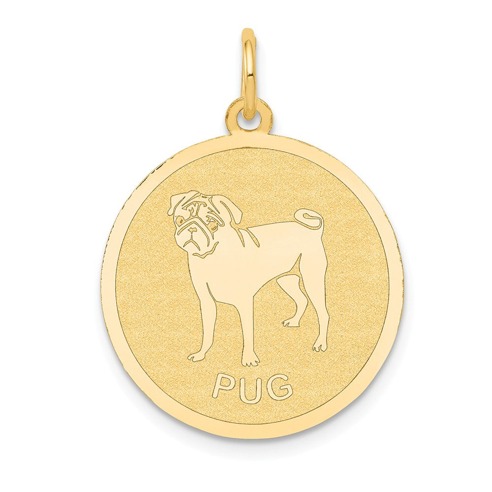 14k Yellow Gold Laser Etched Pug Disc Pendant, 19mm, Item P10875 by The Black Bow Jewelry Co.