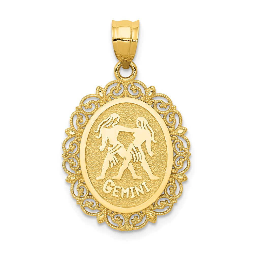 14k Yellow Gold Filigree Oval Gemini the Twins Zodiac Pendant, 20mm, Item P10958 by The Black Bow Jewelry Co.