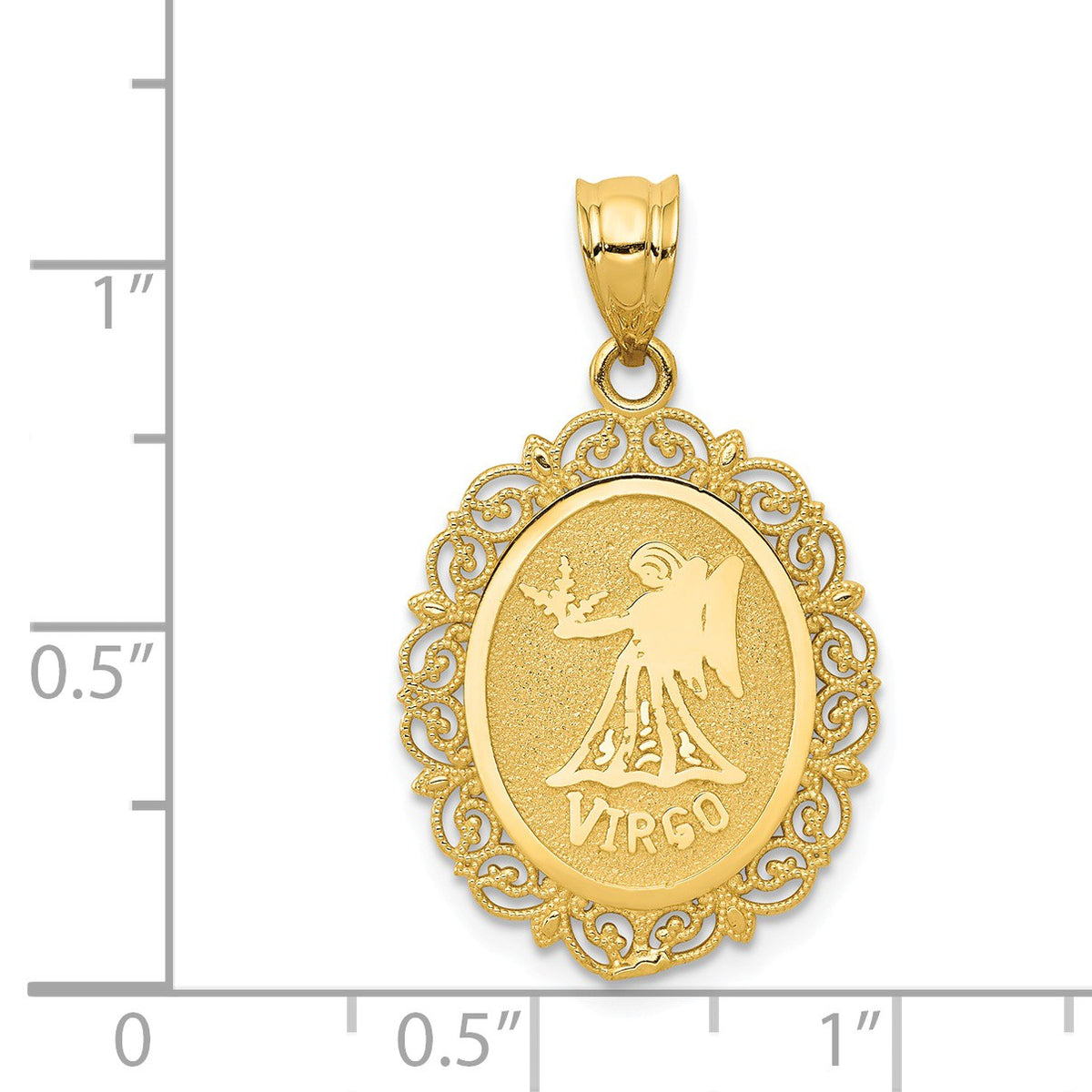 Alternate view of the 14k Yellow Gold Filigree Oval Virgo the Virgin Zodiac Pendant, 20mm by The Black Bow Jewelry Co.