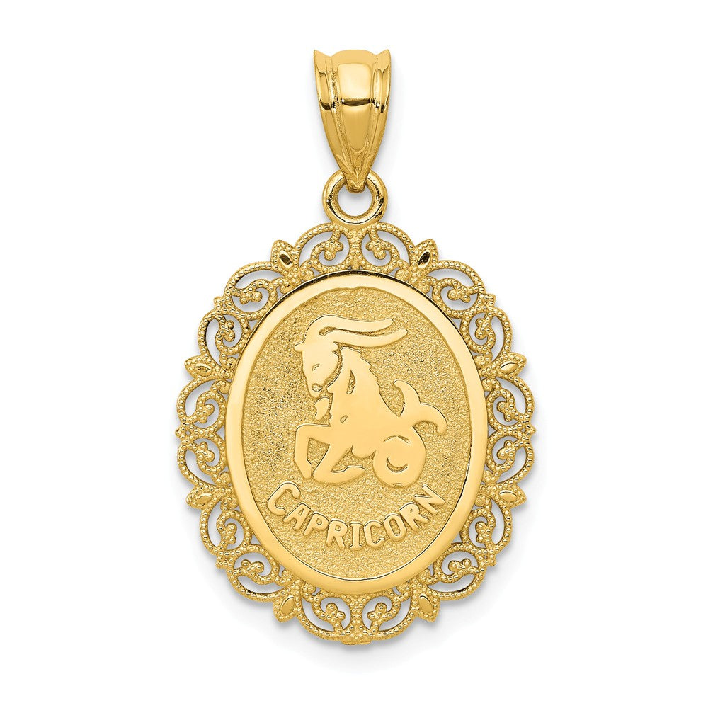 14k Yellow Gold Filigree Oval Capricorn the Goat Zodiac Pendant, 20mm, Item P10965 by The Black Bow Jewelry Co.