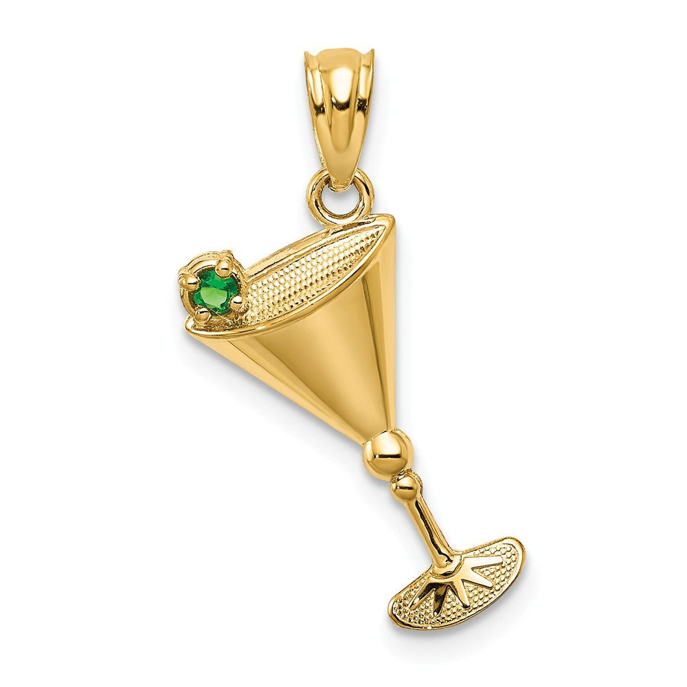 14k Yellow Gold Martini Glass and Green CZ Olive Pendant, Item P11008 by The Black Bow Jewelry Co.
