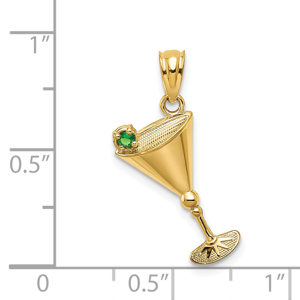 Alternate view of the 14k Yellow Gold Martini Glass and Green CZ Olive Pendant by The Black Bow Jewelry Co.