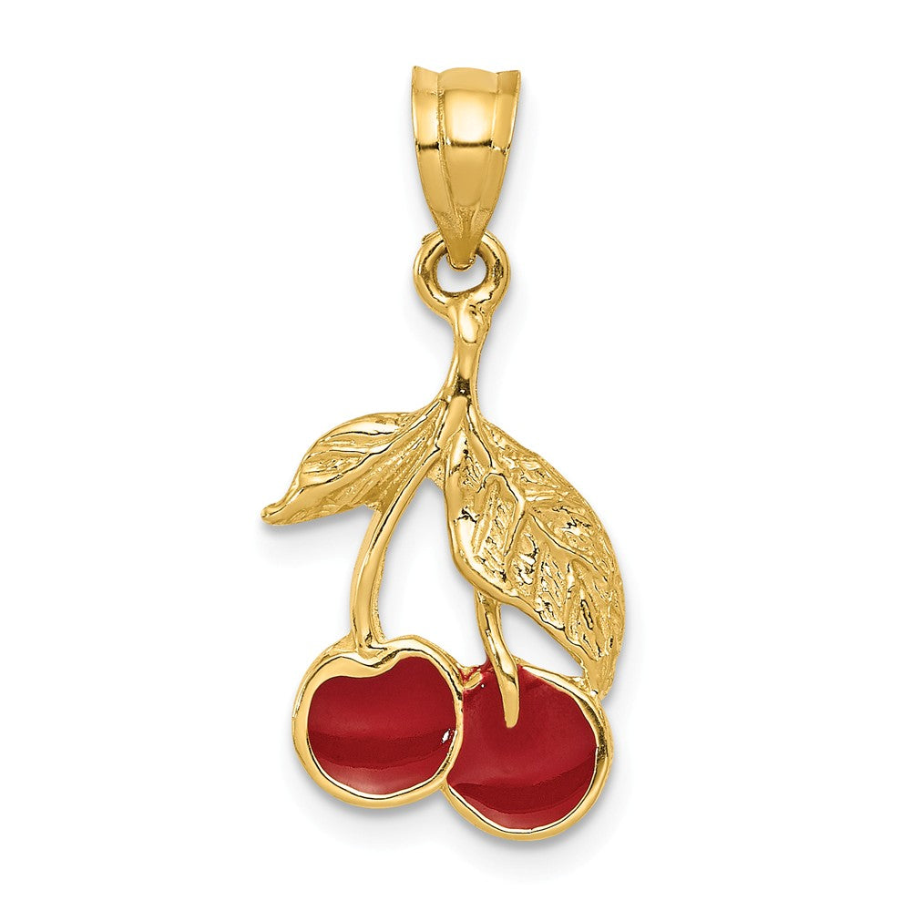 14k Yellow Gold Red Enameled Cherries Pendant, Item P11016 by The Black Bow Jewelry Co.