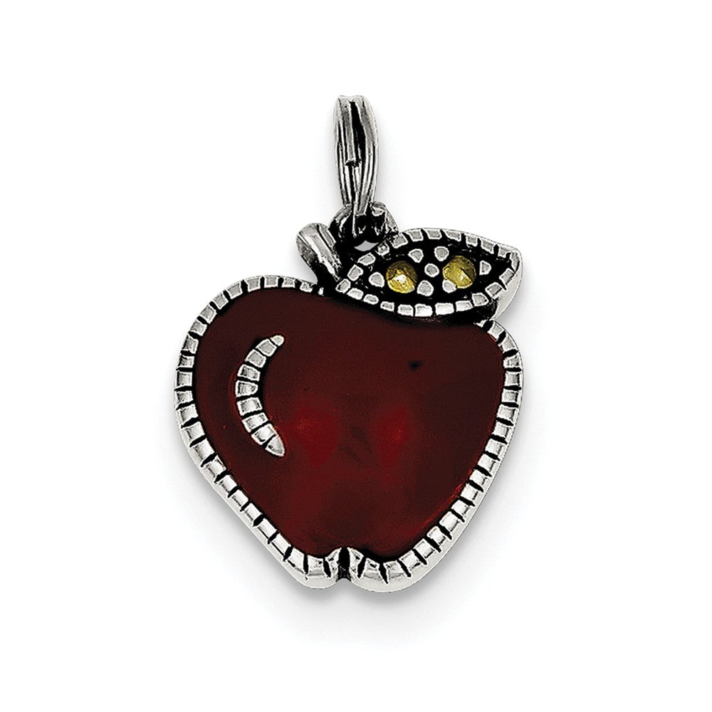 Sterling Silver, Marcasite and Red Enamel Antiqued Apple Charm, Item P11079 by The Black Bow Jewelry Co.
