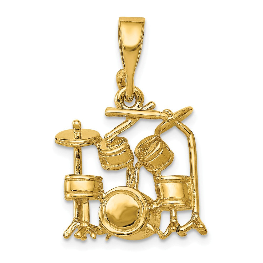 14k Yellow Gold 2D Polished Drum Set Pendant, Item P11135 by The Black Bow Jewelry Co.