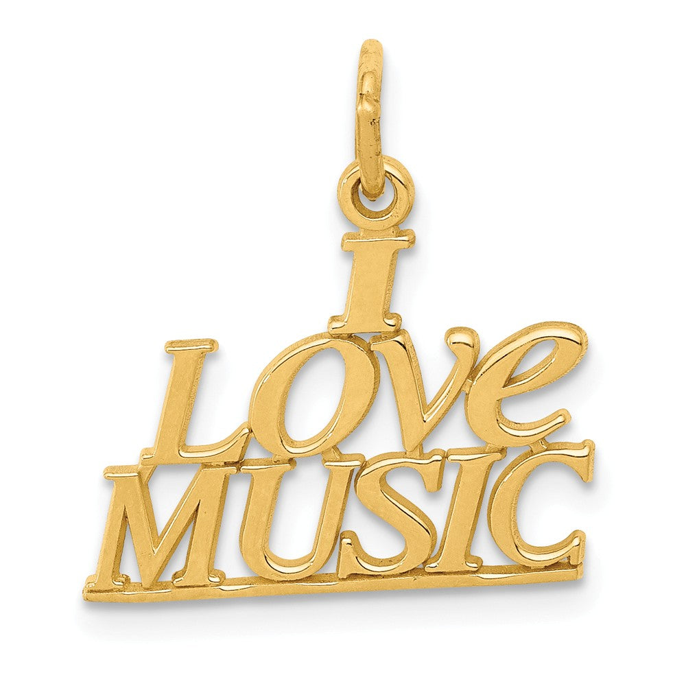 14k Yellow Gold Polished I love Music Script Pendant, Item P11154 by The Black Bow Jewelry Co.