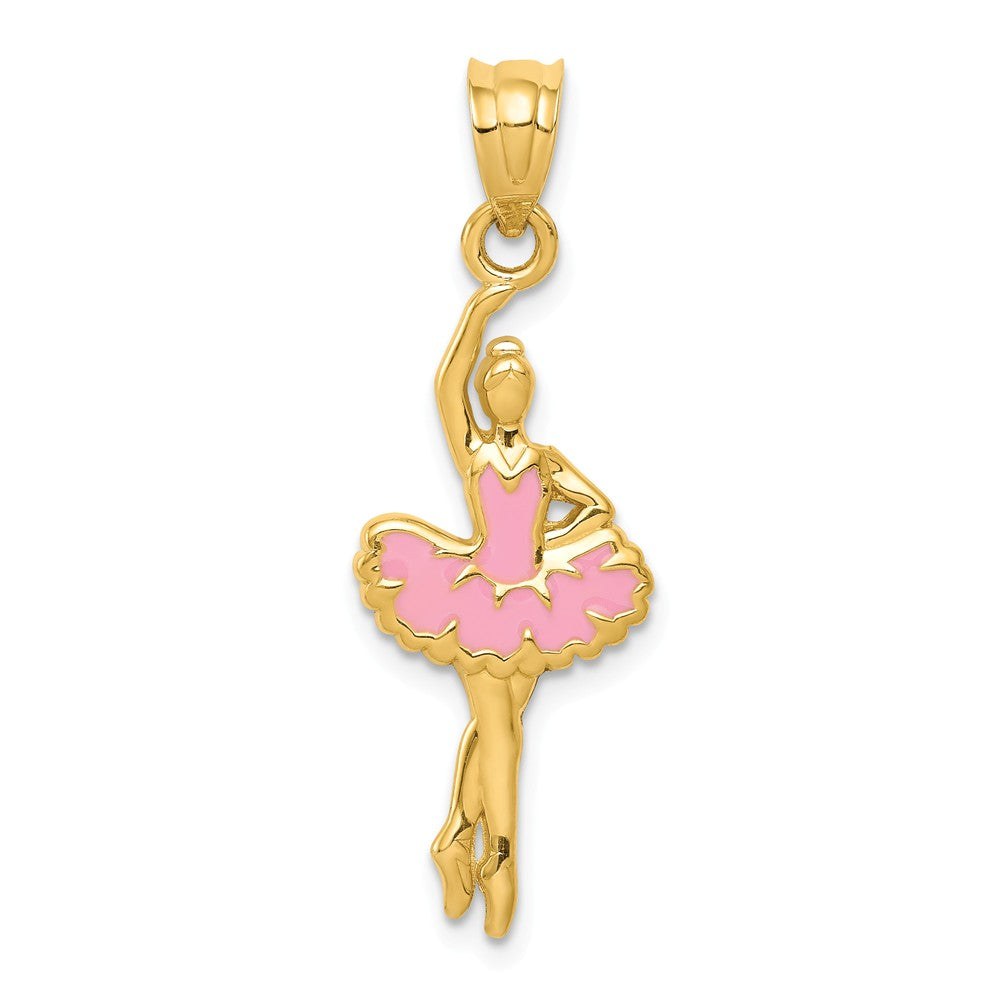 14k Yellow Gold 2D Pink Enameled Ballerina Pendant, Item P11221 by The Black Bow Jewelry Co.