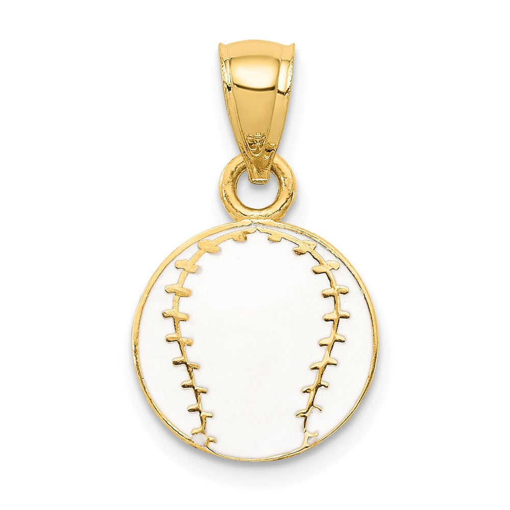 14k Yellow Gold White Enameled Baseball Pendant, 12mm, Item P11245 by The Black Bow Jewelry Co.