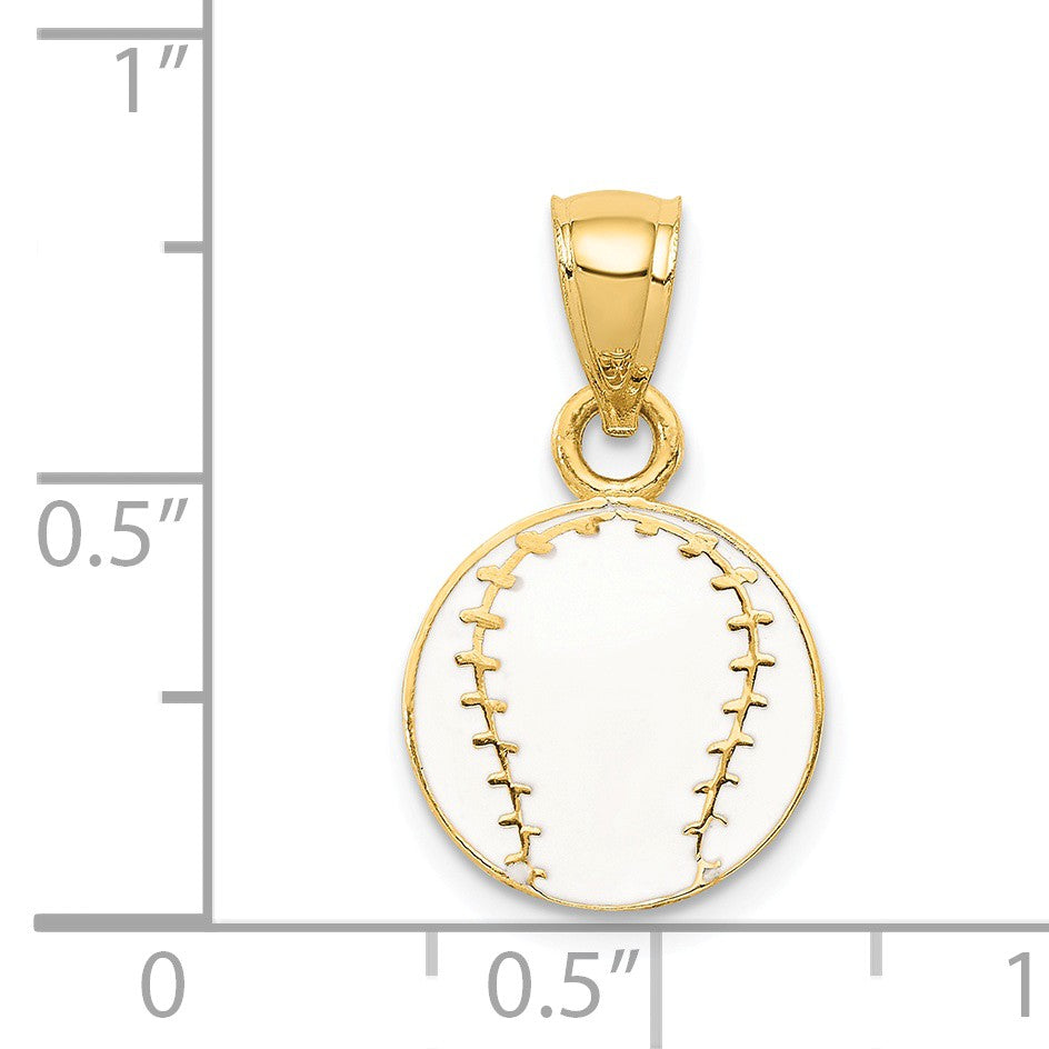 Alternate view of the 14k Yellow Gold White Enameled Baseball Pendant, 12mm by The Black Bow Jewelry Co.