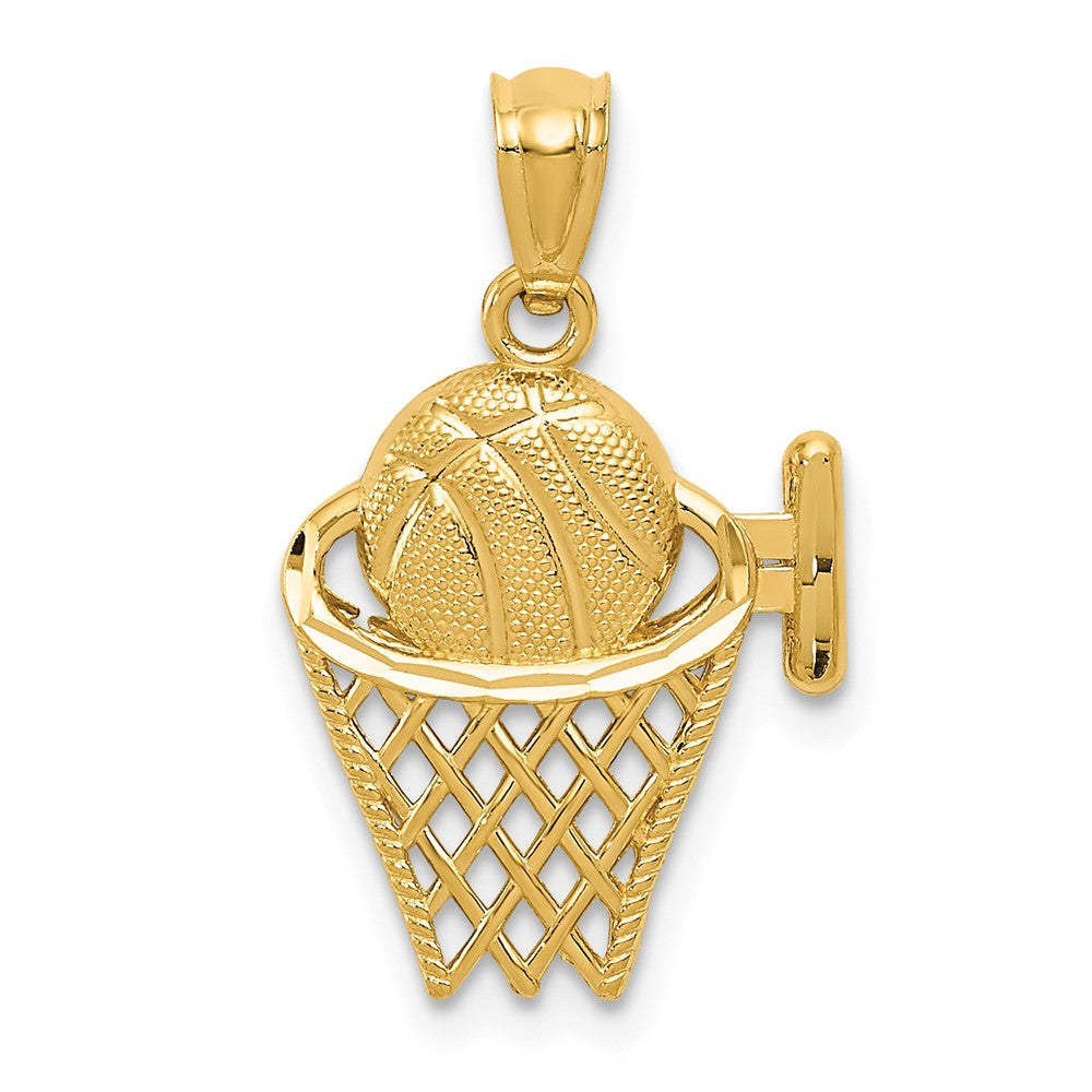 14k Yellow Gold Diamond Cut Basketball and Hoop Pendant, Item P11277 by The Black Bow Jewelry Co.