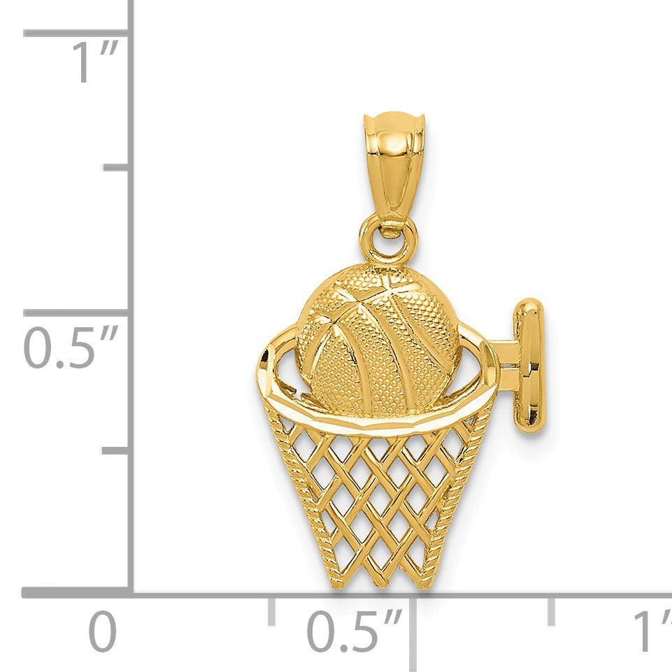 Alternate view of the 14k Yellow Gold Diamond Cut Basketball and Hoop Pendant by The Black Bow Jewelry Co.