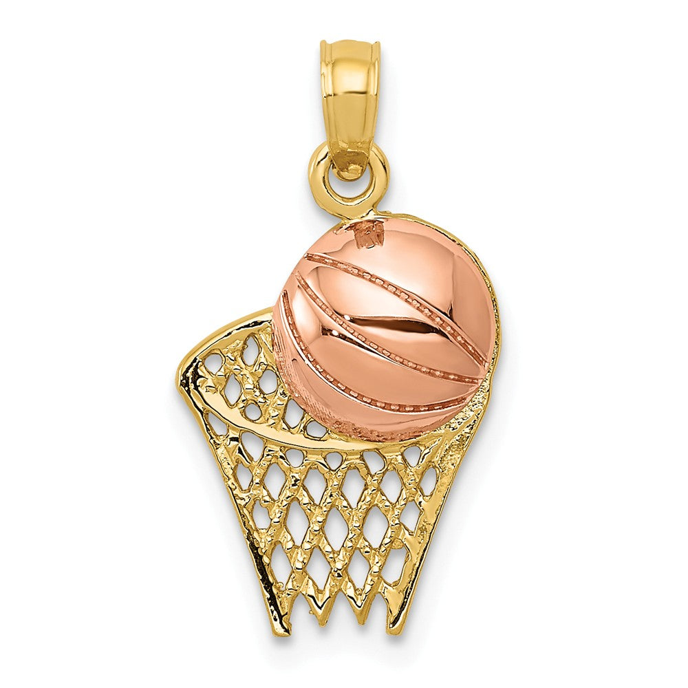 14k Yellow and Rose Gold Basketball Hoop and Ball Pendant, Item P11284 by The Black Bow Jewelry Co.