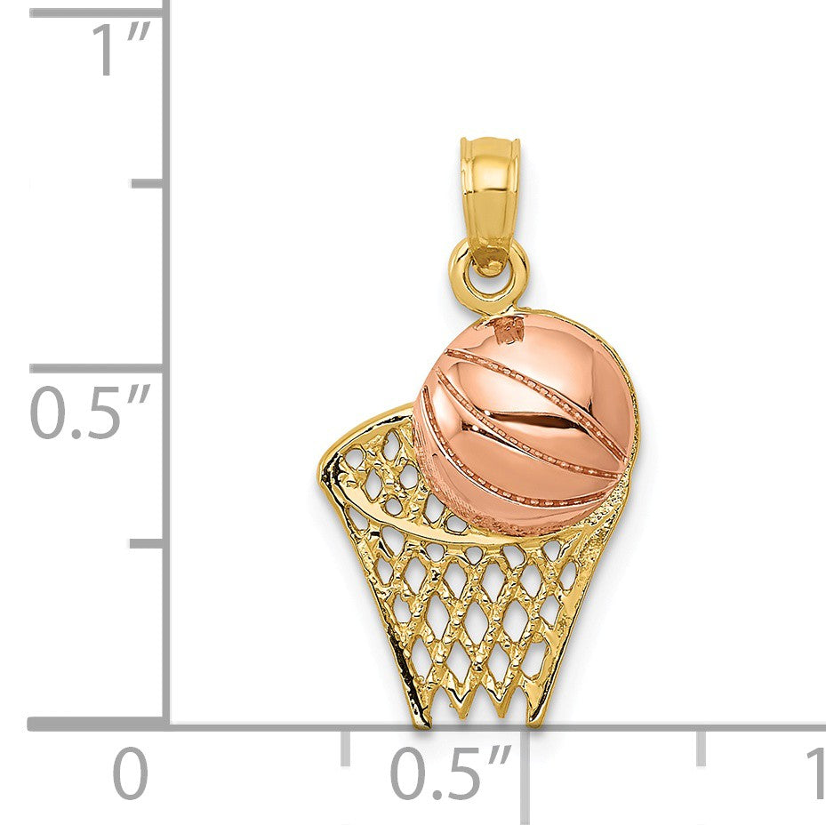 Alternate view of the 14k Yellow and Rose Gold Basketball Hoop and Ball Pendant by The Black Bow Jewelry Co.