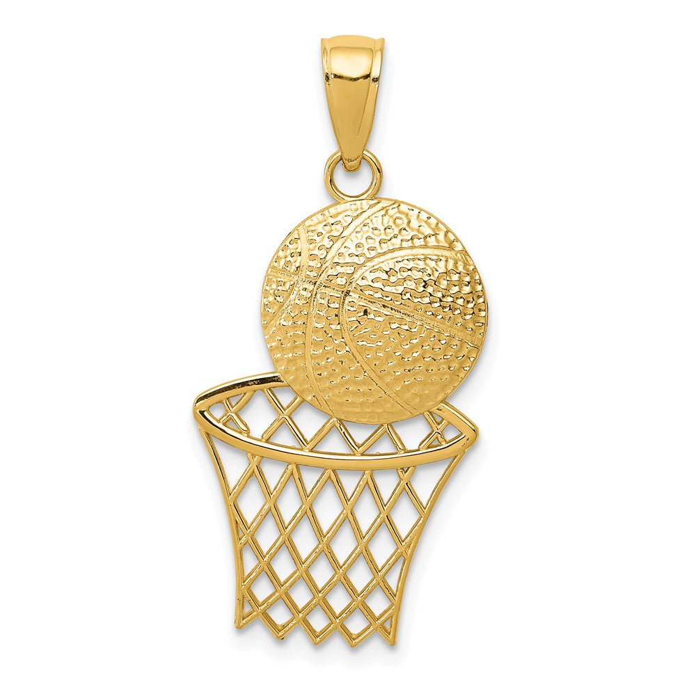 14k Yellow Gold Diamond Cut Basketball and Net Pendant, Item P11286 by The Black Bow Jewelry Co.
