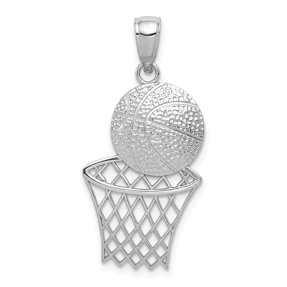 14k White Gold Diamond Cut Basketball and Net Pendant, Item P11287 by The Black Bow Jewelry Co.