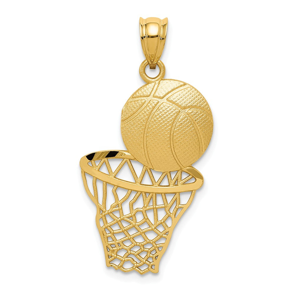 14k Yellow Gold Satin &amp; Diamond Cut Basketball and Net Pendant, Item P11288 by The Black Bow Jewelry Co.
