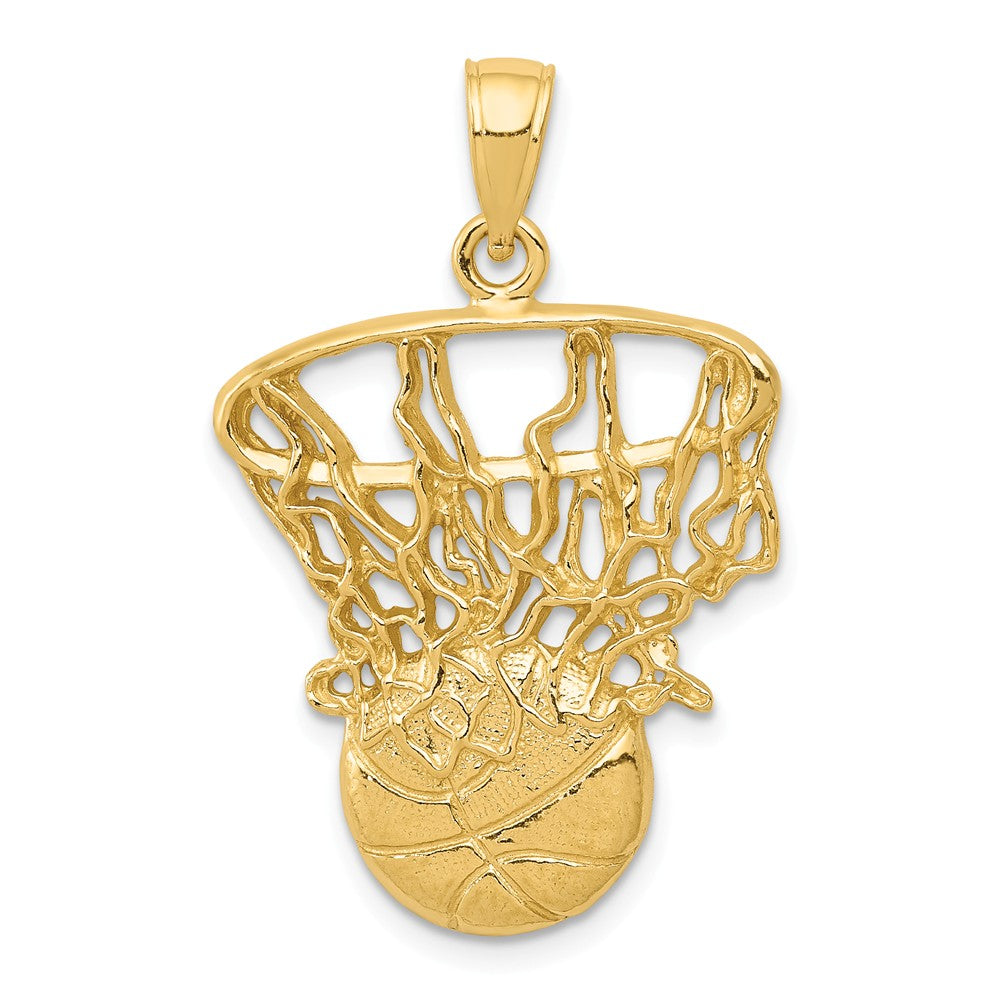 14k Yellow Gold Large Swoosh Basketball Through Net Pendant, Item P11290 by The Black Bow Jewelry Co.