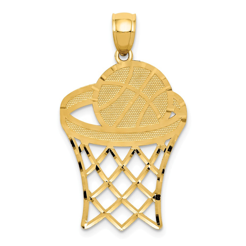 14k Yellow Gold Large Diamond Cut Basketball Hoop &amp; Ball Pendant, Item P11291 by The Black Bow Jewelry Co.
