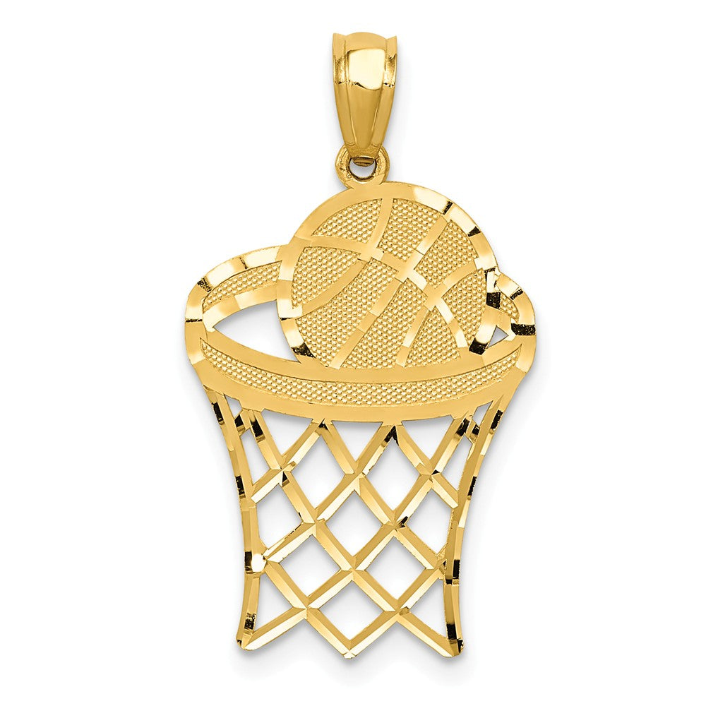 14k Yellow Gold Diamond Cut Basketball Hoop and Ball Pendant, Item P11292 by The Black Bow Jewelry Co.