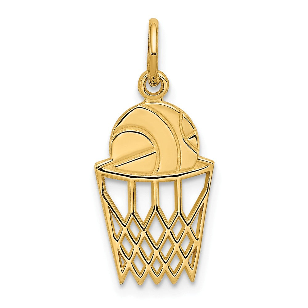 14k Yellow Gold Polished Basketball and Net Charm, Item P11294 by The Black Bow Jewelry Co.
