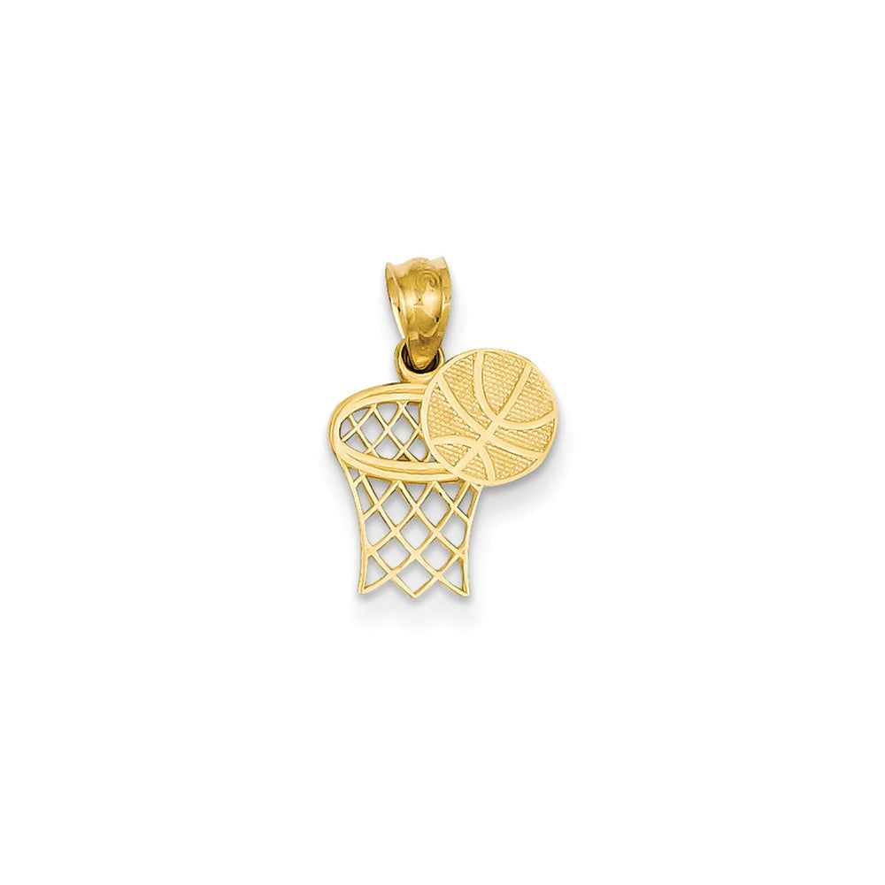 14k Yellow Gold Basketball Hoop and Textured Ball Pendant, Item P11297 by The Black Bow Jewelry Co.