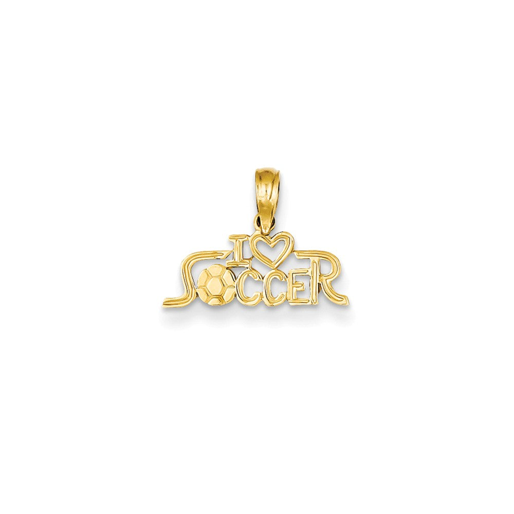 14k Yellow Gold Petite I Heart Soccer Script Pendant, Item P11329 by The Black Bow Jewelry Co.