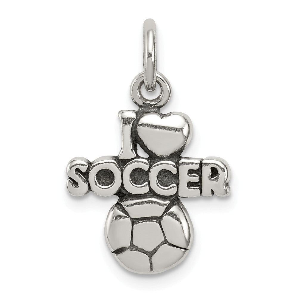 Sterling Silver Antiqued I Heart Soccer Script Charm, Item P11349 by The Black Bow Jewelry Co.
