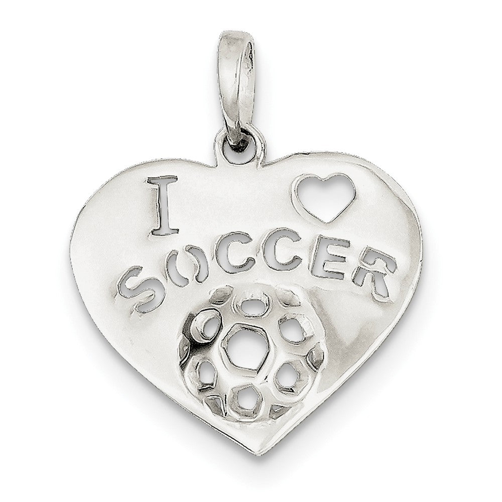 Sterling Silver 22mm Polished I Love Soccer Heart Pendant, Item P11356 by The Black Bow Jewelry Co.