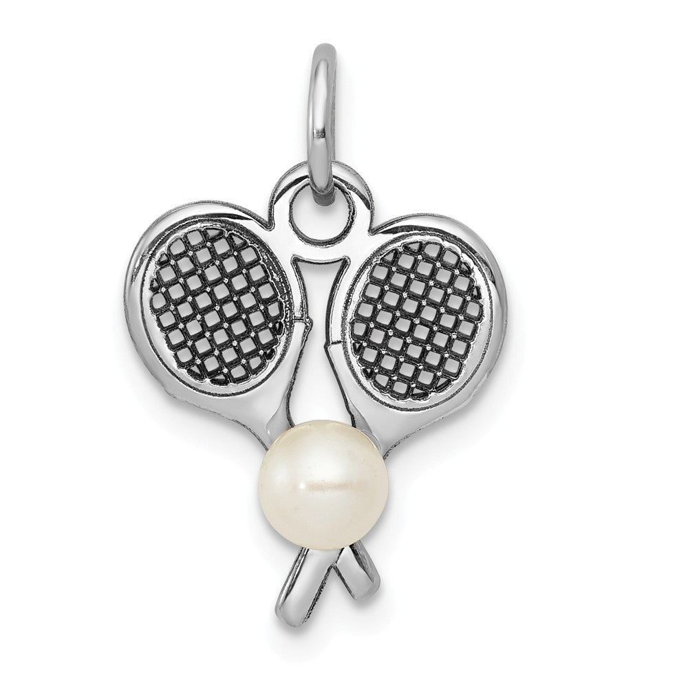 14k White Gold & FW Cultured Pearl Double Tennis Racquet Charm, Item P11375 by The Black Bow Jewelry Co.